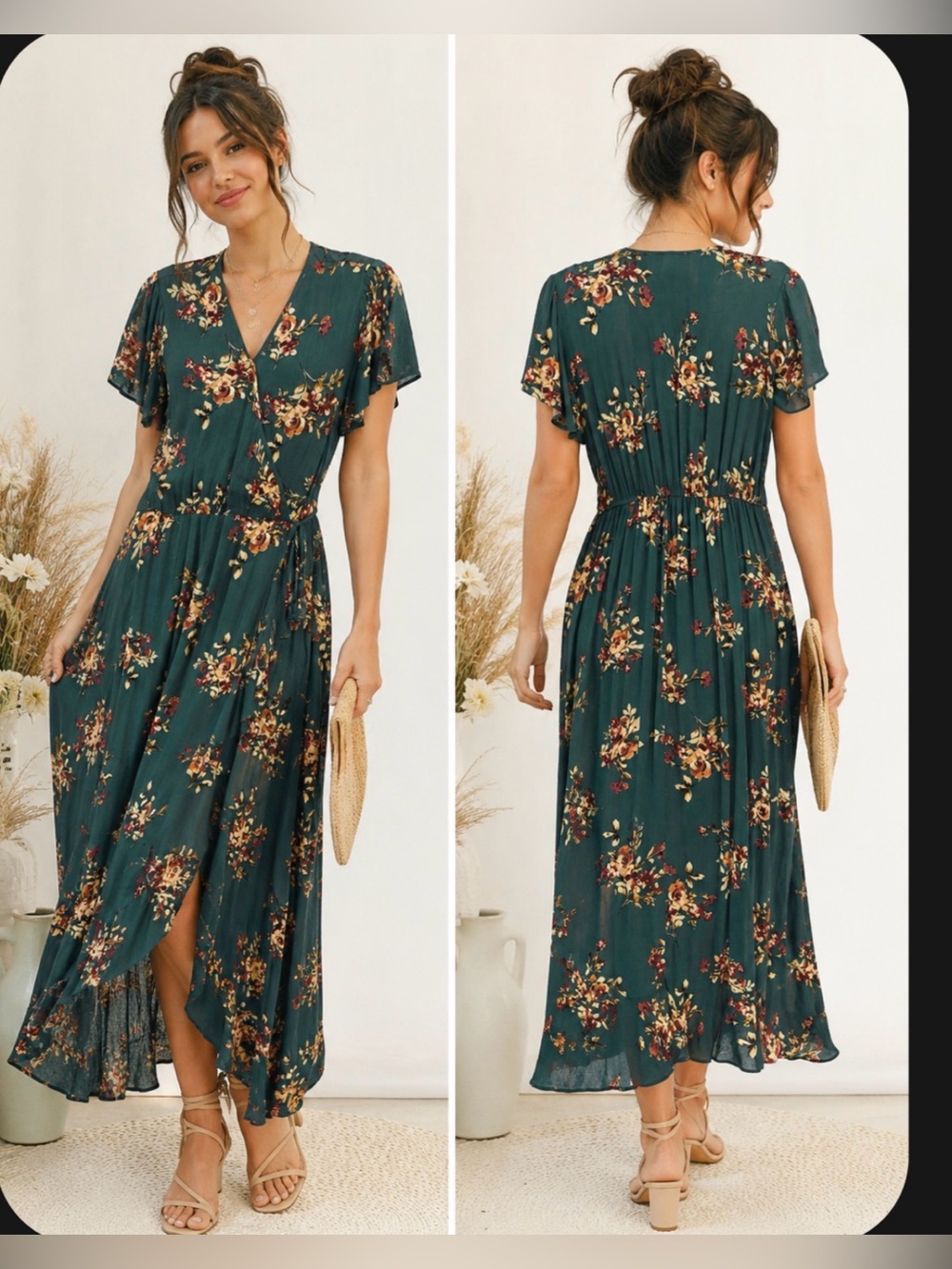 Floral Green V Neck Wrap Boho VTG Cottagecore Wedding Guest Maxi Dress Medium